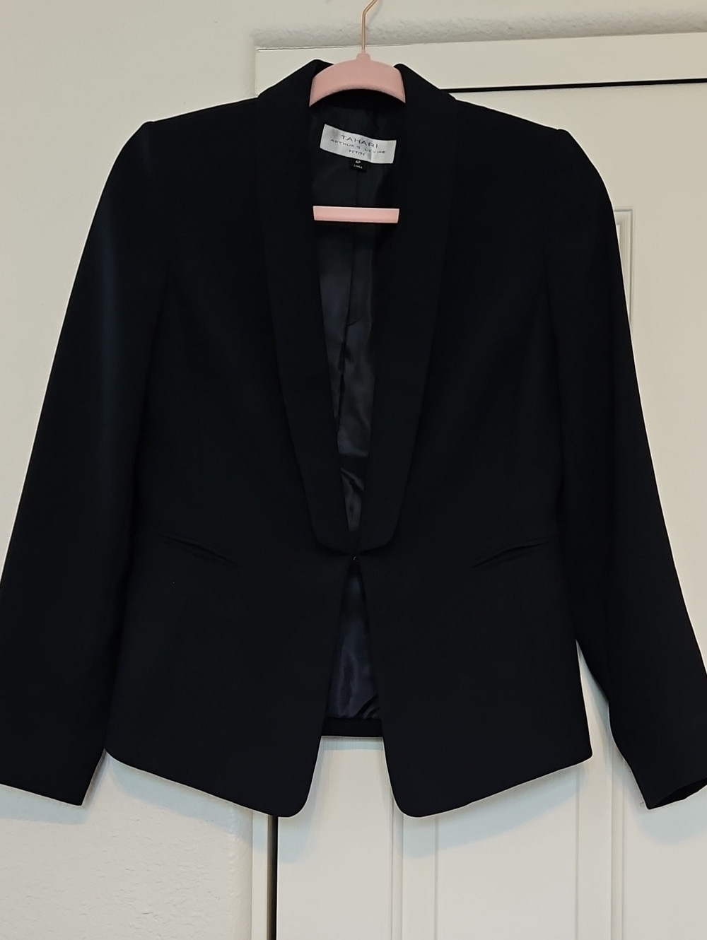 Tahari ASL Dark Navy Blue/Black Shawl-Collar single hook close Open Blazer Sz 4P